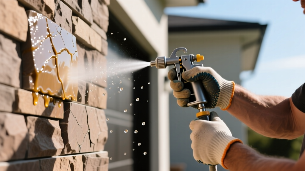 Close-up of a mason applying a penetrating siloxane sealer to a manufactured stone veneer exterior wall using a low-pressure pump sprayer