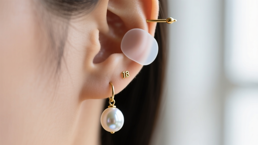Close-up of an earlobe showing a clear silicone support patch holding a heavy 18-gauge gold leverback teardrop pearl drop earring