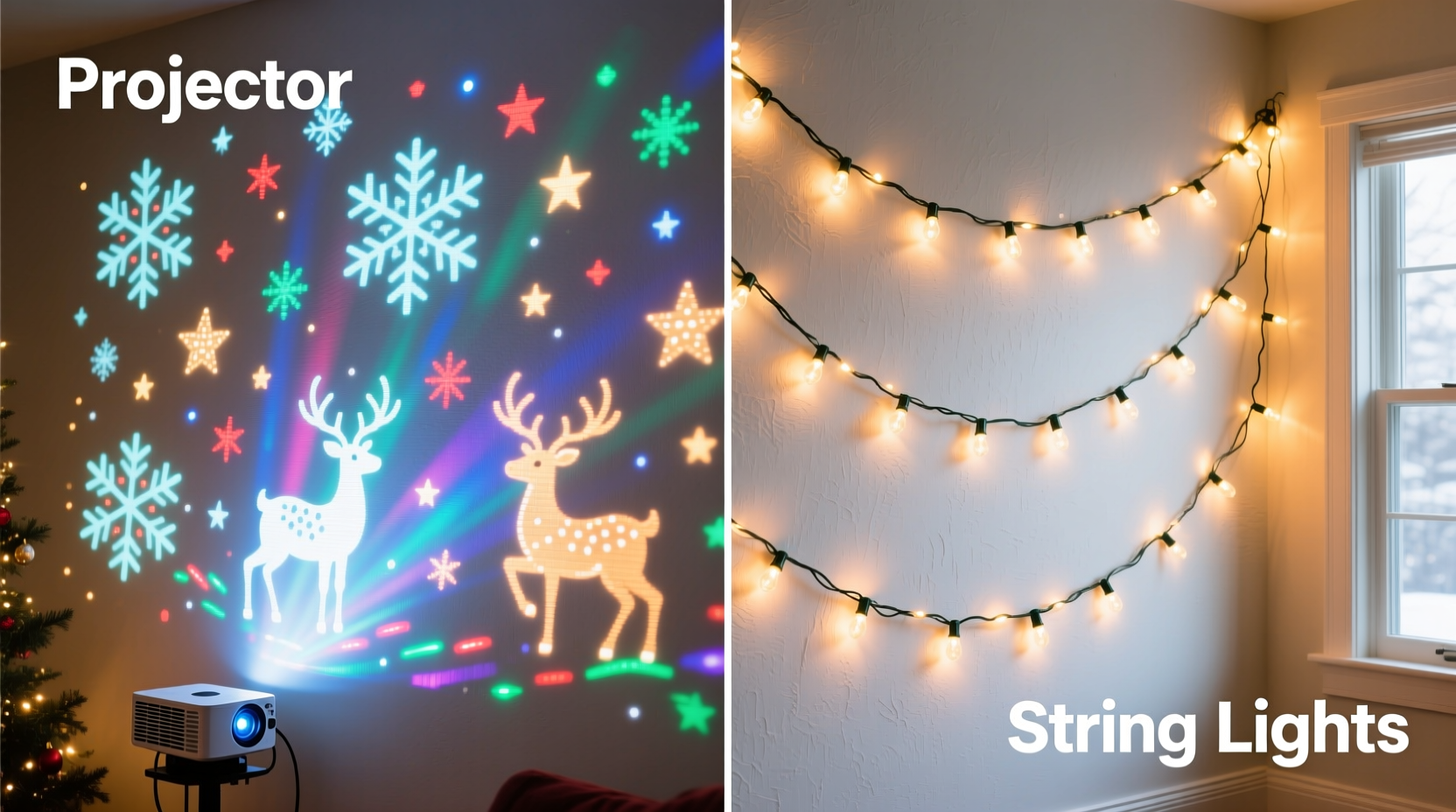 christmas light projectors vs actual strings which covers more wall space