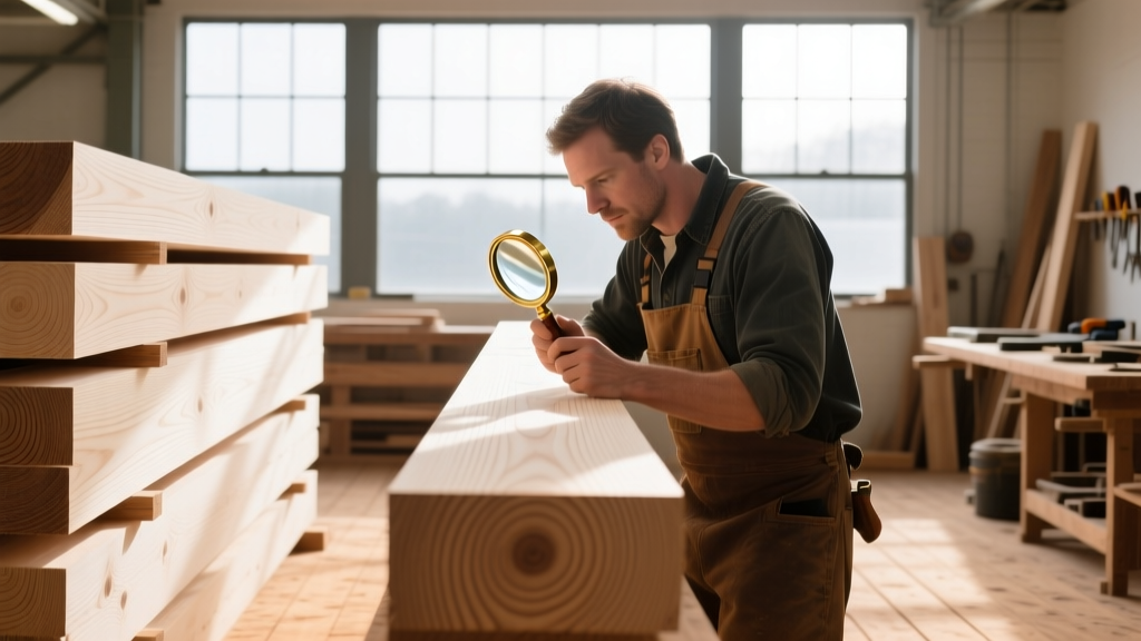 Carpenter using a magnifying loupe to examine end-grain patterns on stacked white oak and pine lumber in a sunlit workshop
