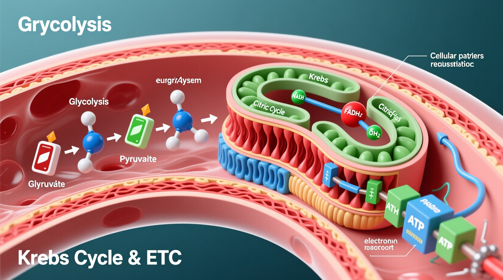 Cellular respiration process showing glycolysis and mitochondria