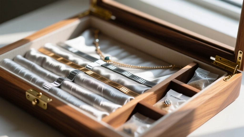 Close-up of Pacific Silvercloth lining a wooden jewelry tier, showing anti-tarnish strips and silica packets tucked in the corners.
