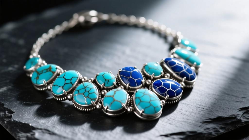 Close-up of a vintage sterling silver turquoise cluster necklace with spiderweb matrix stones resting on a textured dark slate.