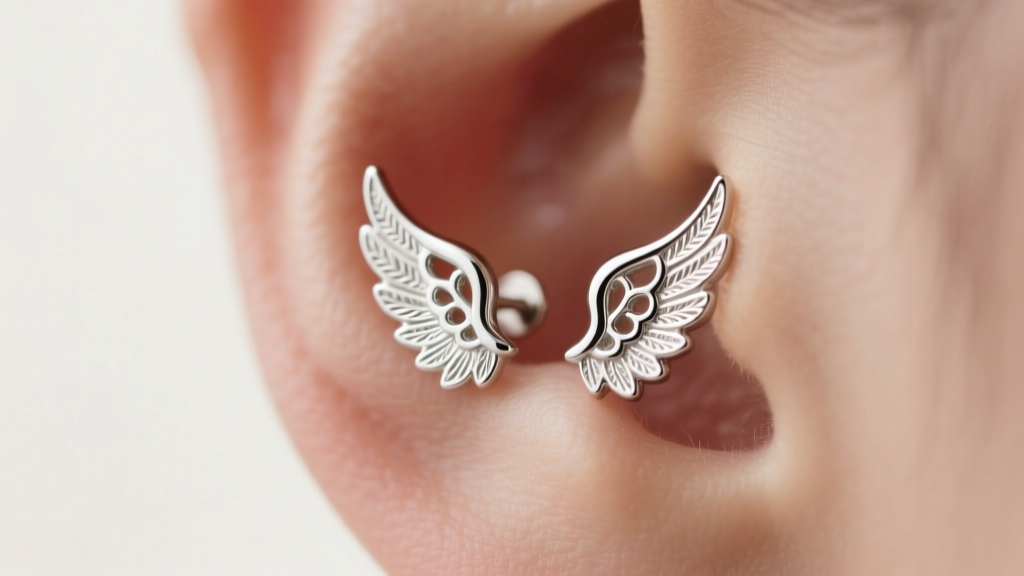 Sterling silver angel wing stud earrings on an earlobe, soft lighting, modern editorial style, detailed macro jewelry photography