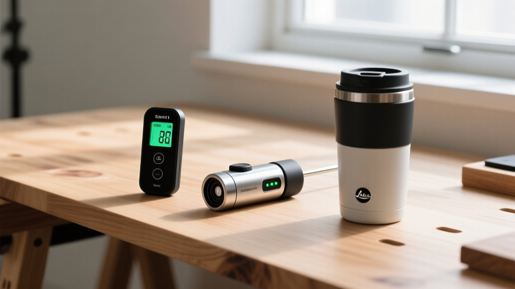 A beautifully lit wooden workbench displaying a smart meat thermometer, a laser golf rangefinder, and a sleek smart travel mug for Father's Day.