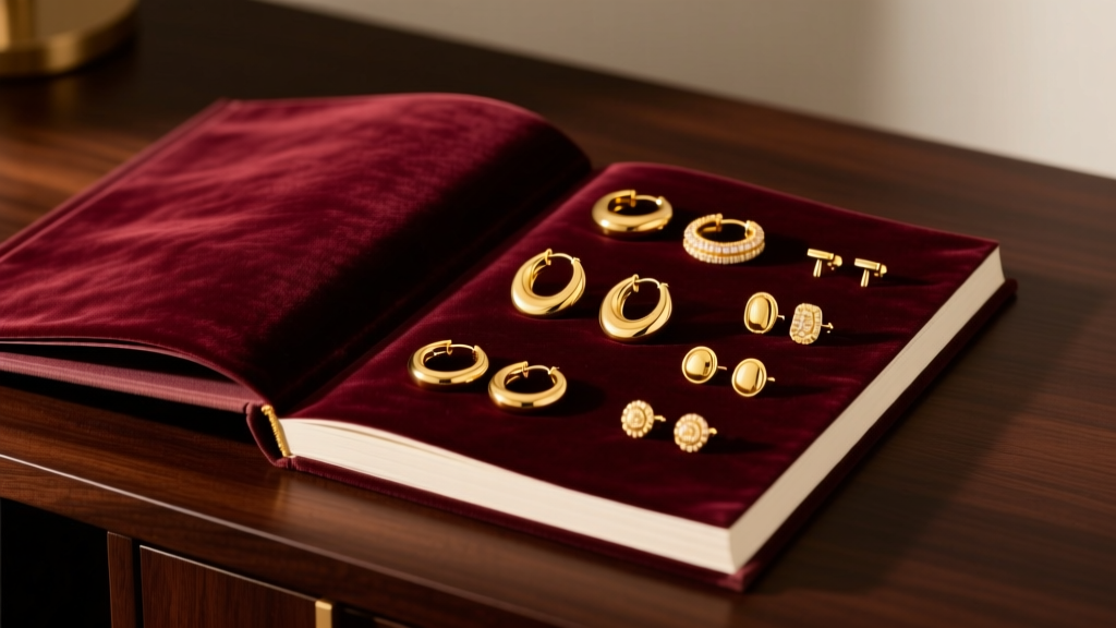 Open velvet album displaying 14k and 18k yellow gold hoops and studs, illuminated by warm studio lighting on a dark wooden desk.
