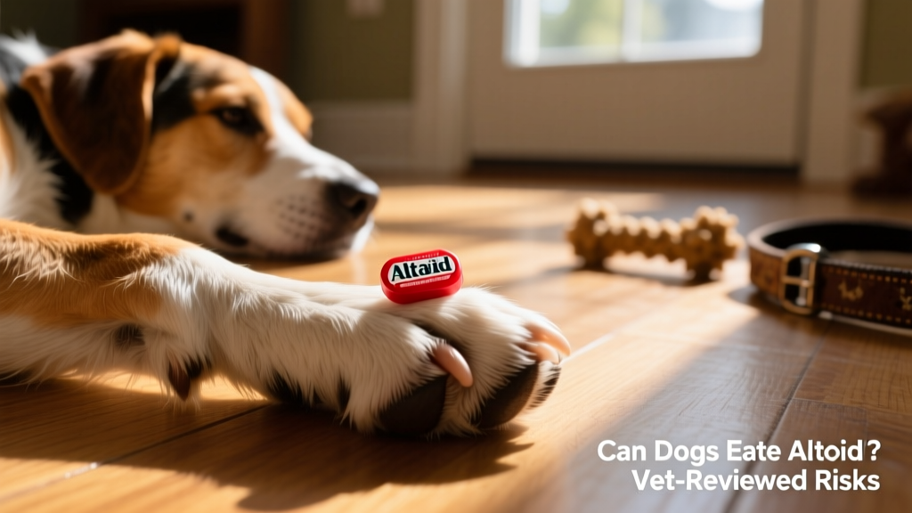 Close-up of a small red Altoid mint on a dog's paw, highlighting size contrast