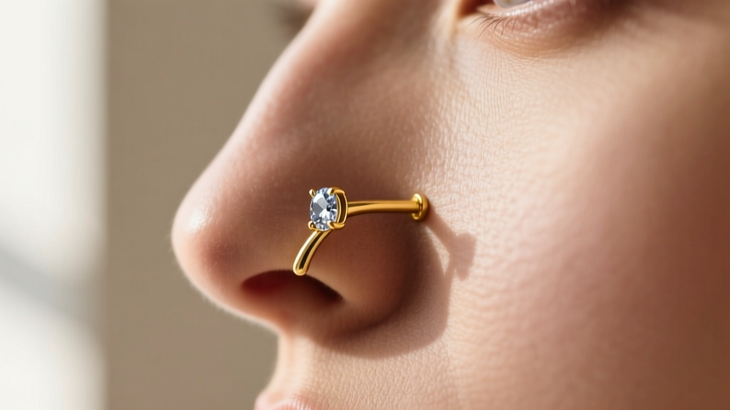 Side profile of a nose showing a delicate 20-gauge 14k yellow gold L-bend nostril stud with a small sapphire cabochon gemstone.
