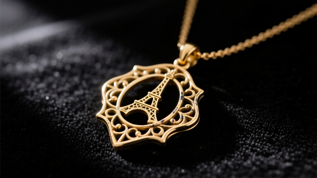 Close-up of a tarnished gold-toned Anastasia Together in Paris replica necklace pendant resting on dark velvet