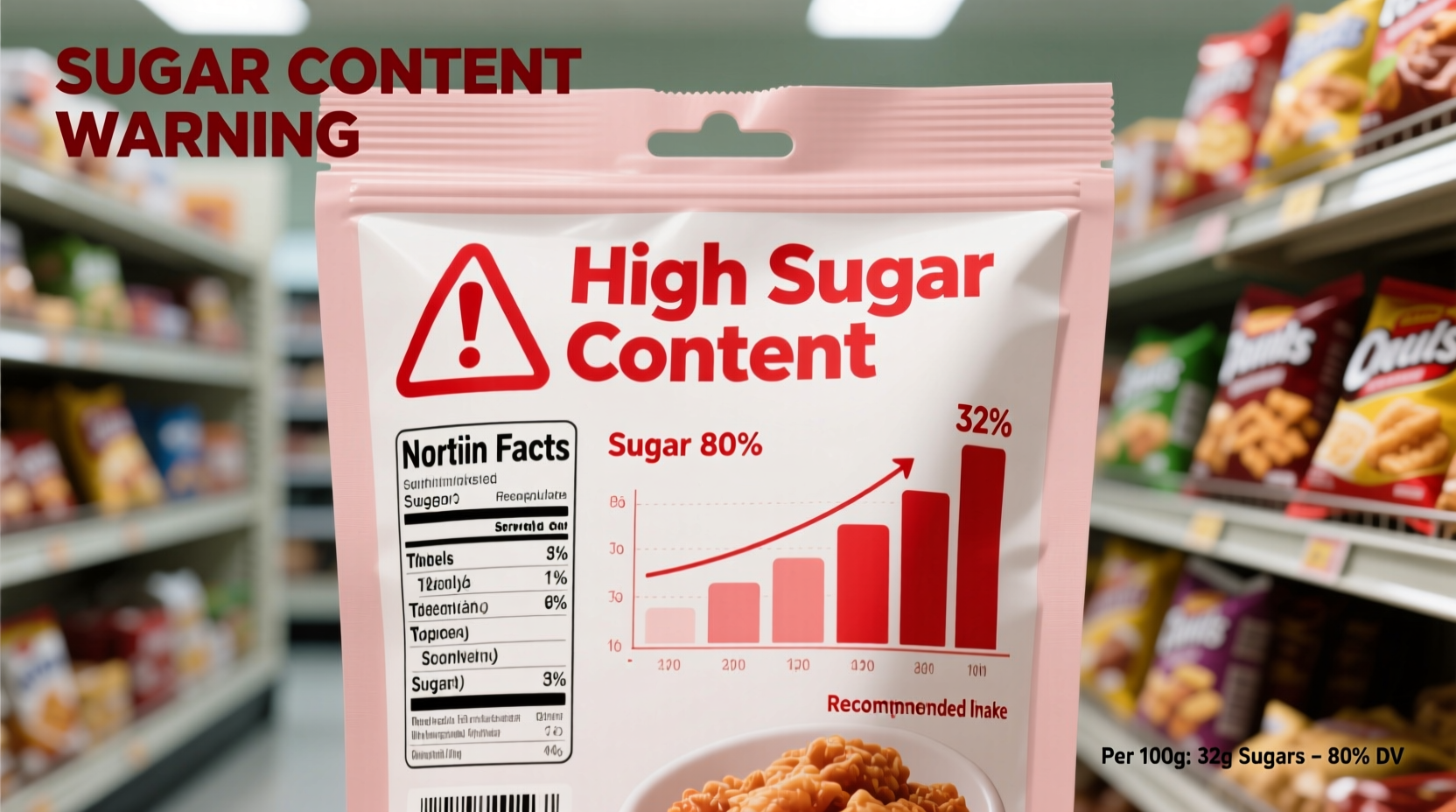 Nutrition labels showing high sugar content in processed foods