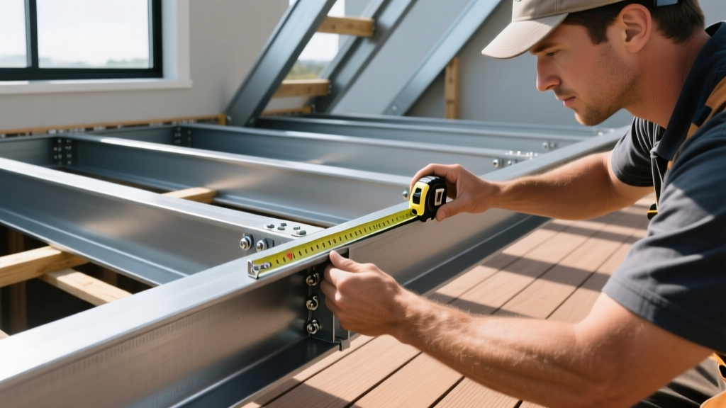 Contractor measuring a powder-coated steel deck joist with a tape measure while installing structural framing for a modern composite deck