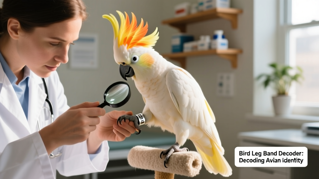 Veterinarian gently examining a cockatoo's leg band during a wellness check, using a magnifying loupe