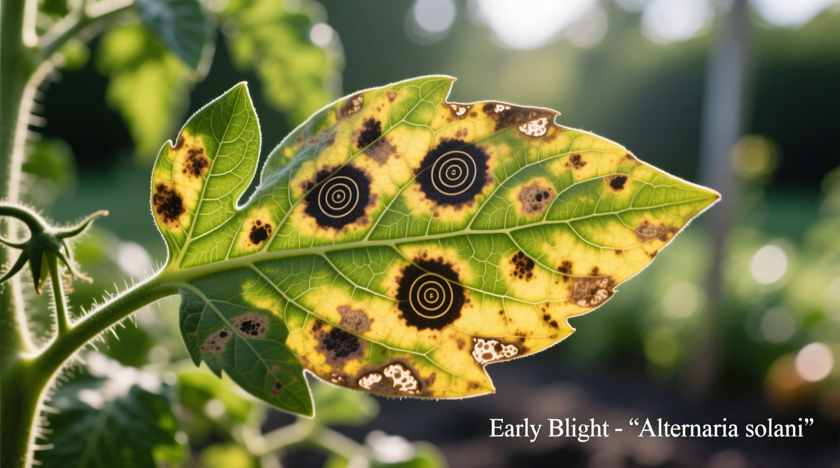 Close-up of tomato leaf showing early blight symptoms