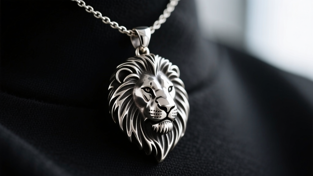 Close-up of an oxidized sterling silver lion pendant necklace showing darkened crevices in the mane to enhance facial depth