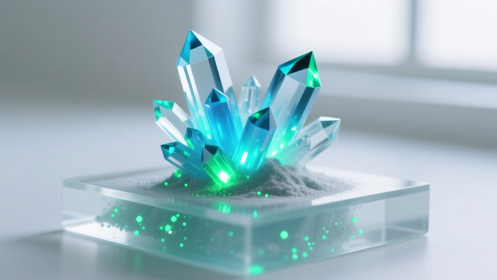 Macro shot of strontium aluminate glow powder mixed into clear resin, showing bright luminescent particles suspended in liquid.