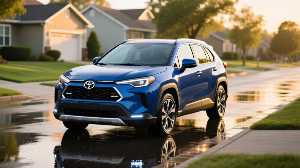 Front three-quarter view of the 2026 Toyota Corolla Cross Hybrid AWD parked on a wet suburban street showing its compact stance.
