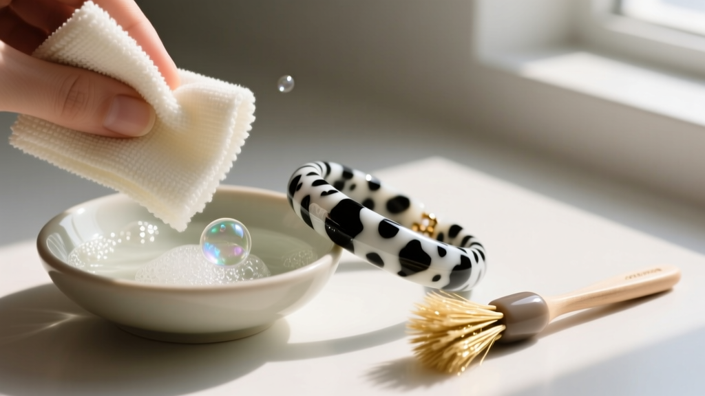 Microfiber cloth wiping a dalmatian jasper bracelet beside a bowl of soapy water and a soft natural bristle jewelry cleaning brush
