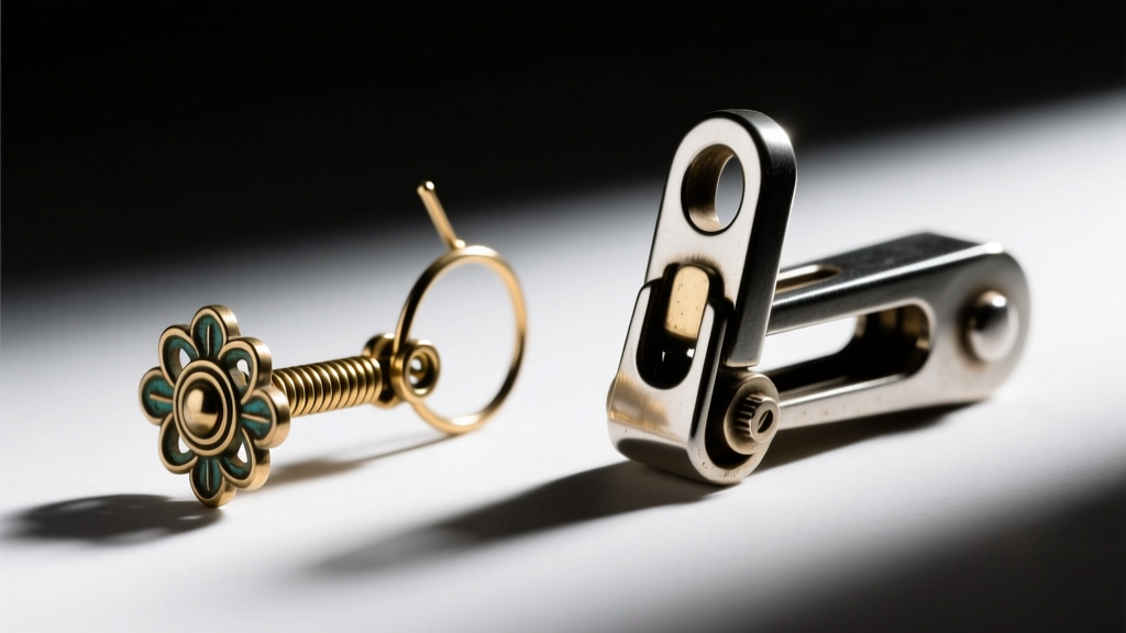 Close-up of a 1930s spring clip-on earring hinge beside a 1950s paddle-back mechanism, lit by harsh directional studio lighting.
