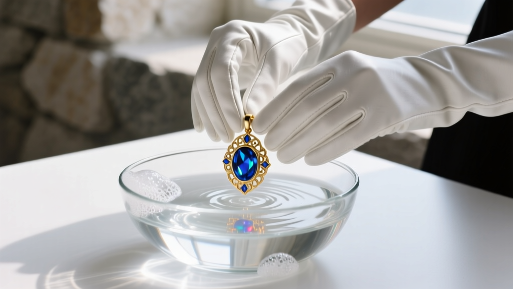 Hands wearing gloves gently washing a delicate blue gold pendant in a glass bowl of distilled water and mild pH-neutral soap suds.