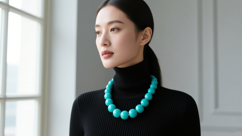 Woman wearing a chunky 30mm turquoise big bead necklace over a black ribbed turtleneck sweater, soft natural window lighting.