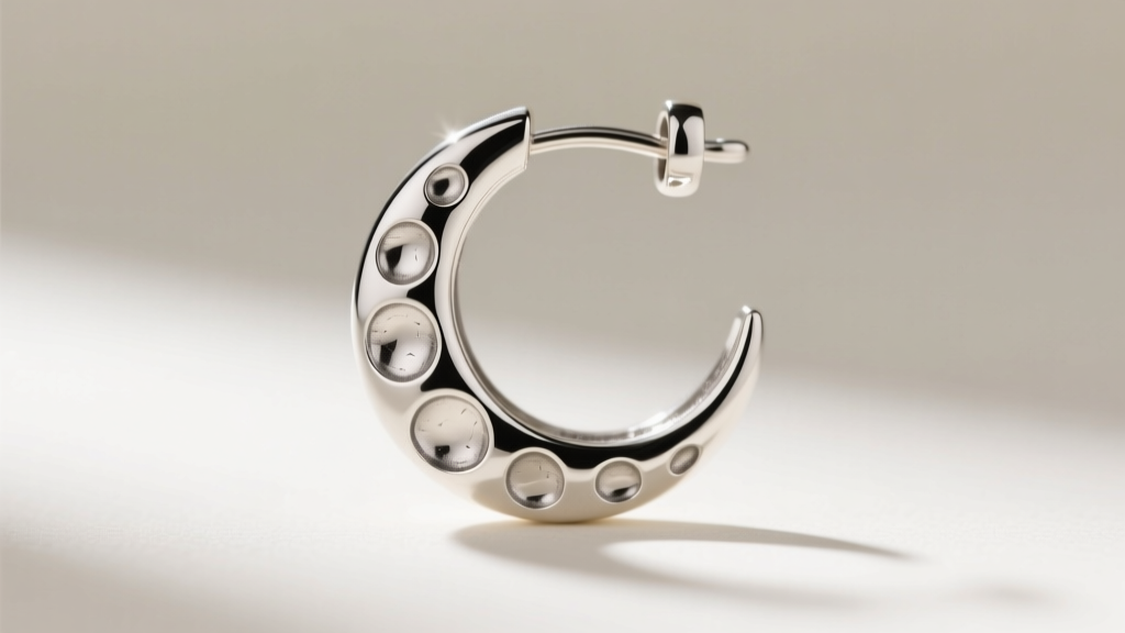 Macro shot of a sterling silver crescent moon hoop earring clasp, highlighting engraved crater details and 18-gauge wire.