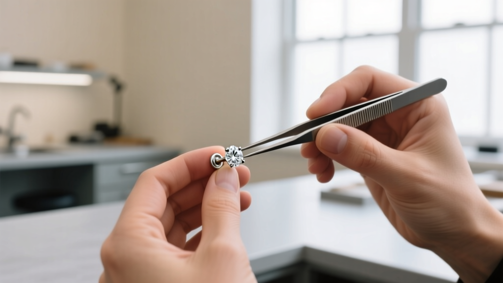 Jeweler using tweezers to attach a jumbo friction earring back onto an 18-gauge diamond stud post in a bright workshop.
