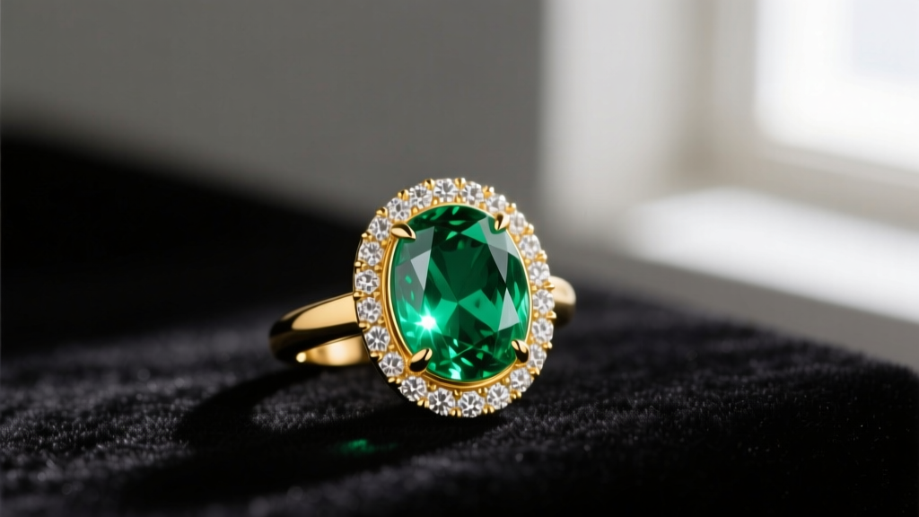 Close-up of a 14k yellow gold Effy emerald pendant featuring a 2-carat oval emerald surrounded by a diamond halo on dark velvet.