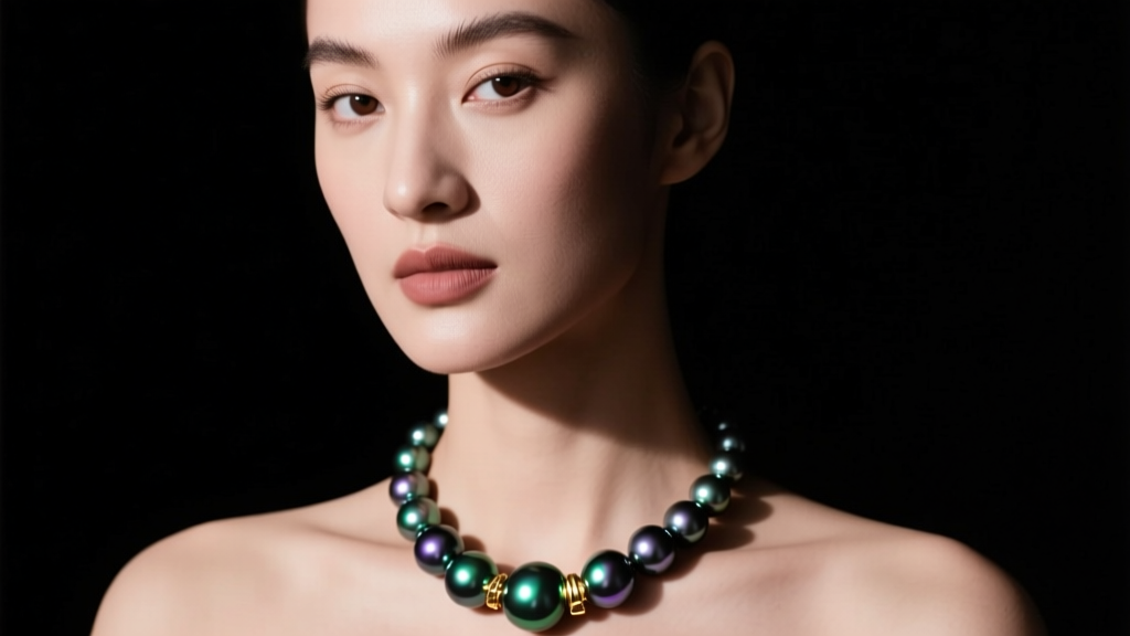 Woman wearing a bold 14mm baroque Tahitian pearl statement necklace with a gold clasp, photographed in moody studio lighting