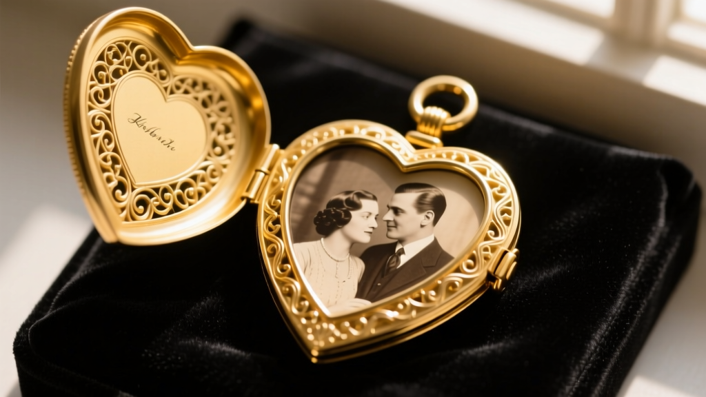 Close-up of an open 14k yellow gold heart necklace picture locket revealing a vintage photograph inside on a dark velvet pad