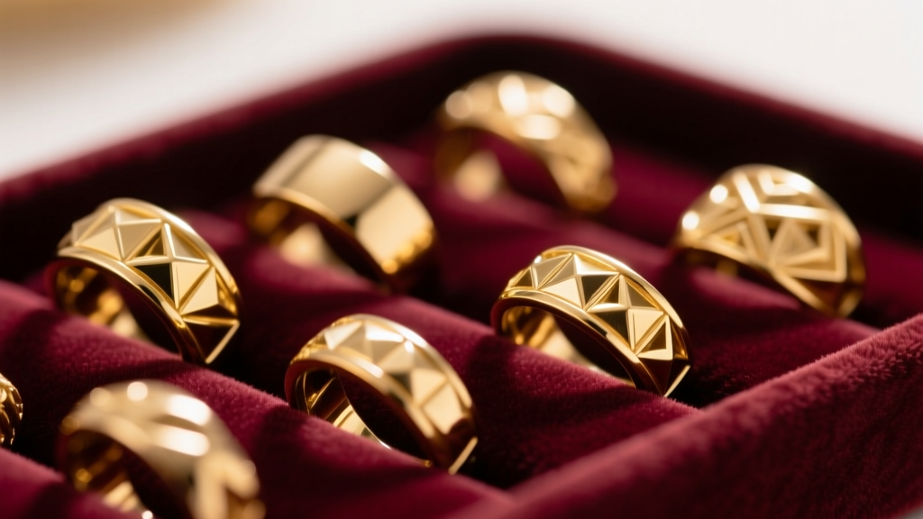 Macro shot of wholesale brass fashion rings with gold PVD coating on a velvet sourcing tray under bright studio lighting