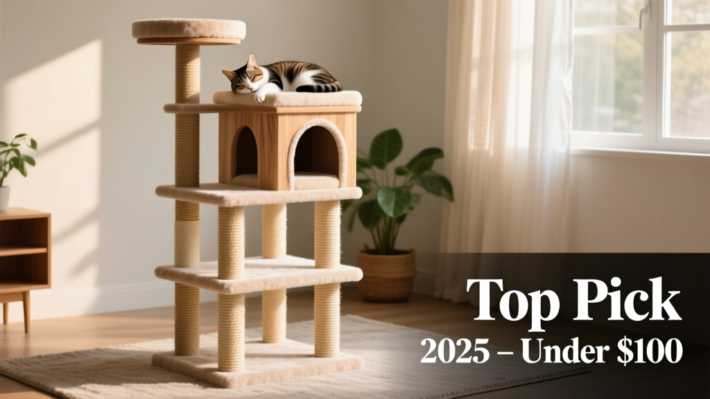 Side view of the FurPetVo Compact Multi-Level Tower showing sisal posts, plush platforms, and enclosed condo