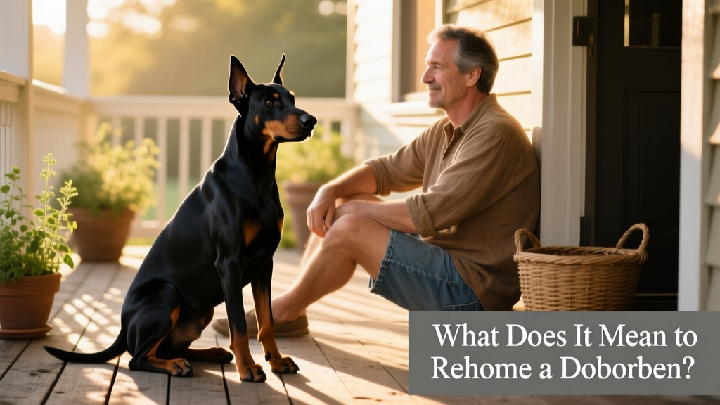 A calm, well-groomed Doberman Pinscher sitting beside a person on a sunlit porch