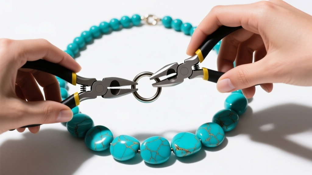 Top-down view of hands using two flat-nose pliers to securely close a heavy-duty split ring on a chunky turquoise beaded necklace.