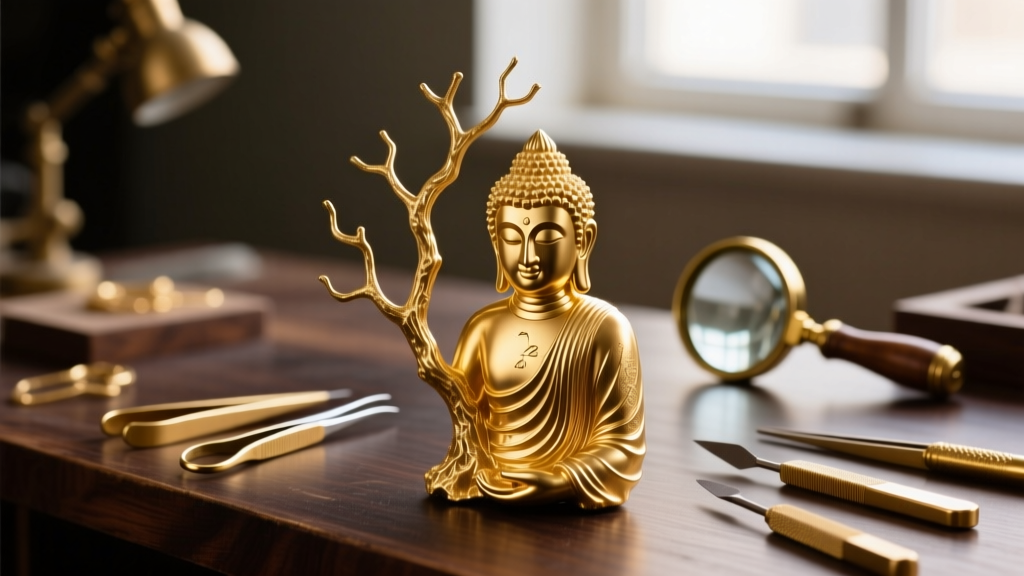 Jeweler workbench showing raw 22k gold Buddha casting on a sprue tree, with polishing tools and a loupe in the soft background.