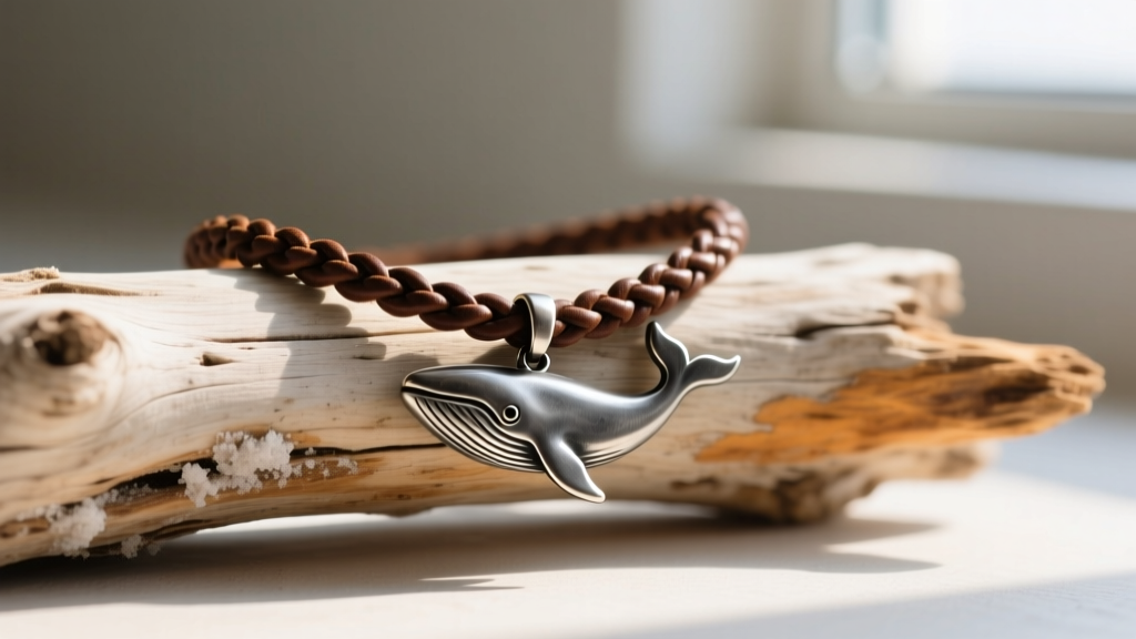 Weathered braided leather necklace featuring a darkened pewter whale tail pendant resting on a piece of sun-bleached driftwood