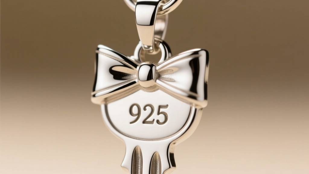 Macro shot of a 925 stamp on a silver key pendant bow, showing sharp casting lines and high-quality polished metal finishing.