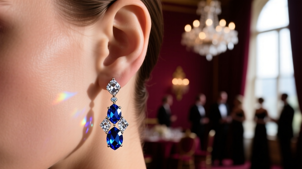 Close-up of an ear wearing a crystal leverback chandelier earring, reflecting light against a blurred dark gala background.