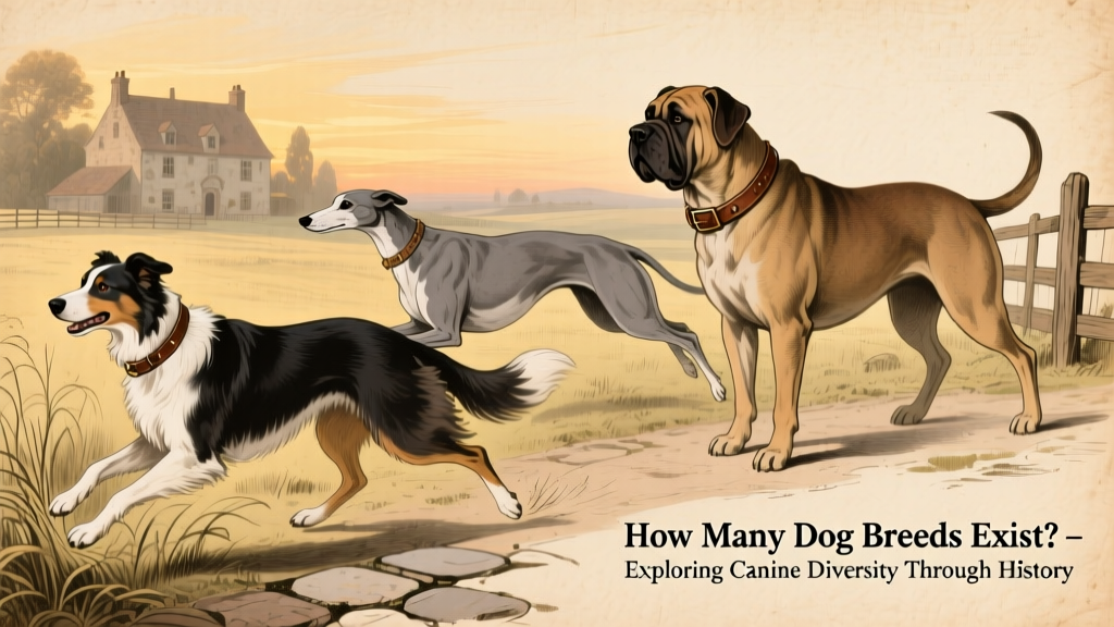 Historical illustration showing early selective breeding of dogs for different tasks: herding, hunting, guarding