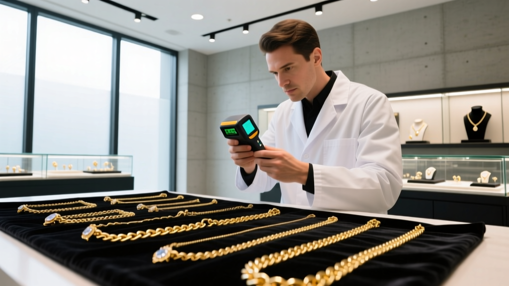 Jeweler using an XRF spectrometer to test mixed 14k and 18k gold chains on a black velvet mat inside a modern, well-lit pawn shop.