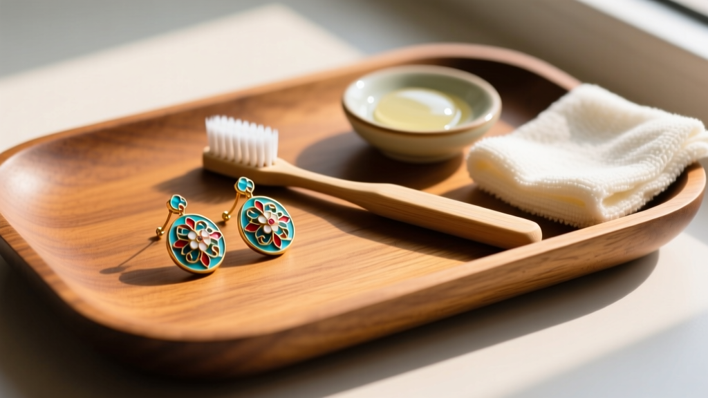 Cleaning setup for vintage cloisonne earrings featuring a soft toothbrush, mild soap, and microfiber cloth resting on a wooden tray.