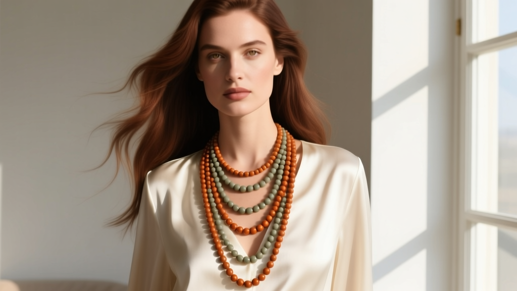 Elegant woman wearing a multi-strand 8/0 seed beaded necklace in earthy tones, showcasing the fluid drape against a silk blouse