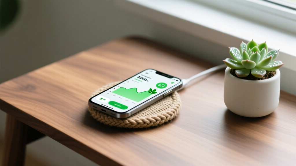 Sleek wooden desk with a hemp-braided wireless charger, a smartphone showing an eco-tracking app, and a small potted succulent.