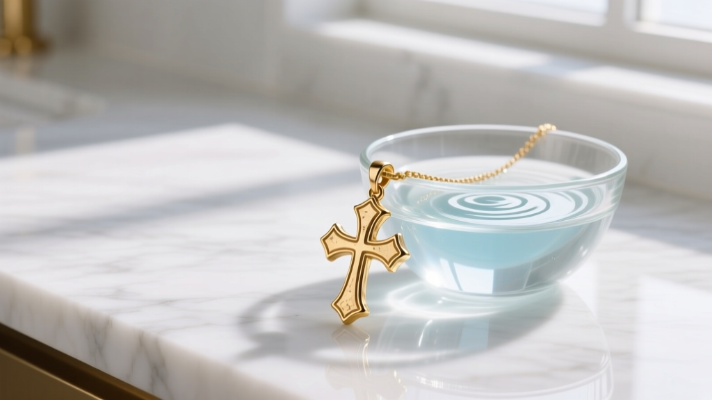 Gold vermeil double cross pendant showing edge wear beside a glass bowl of gentle cleaner on a bright white marble countertop.