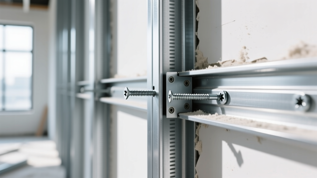 Close-up of galvanized cold-formed steel studs and tracks being assembled into a commercial interior wall frame with self-drilling screws