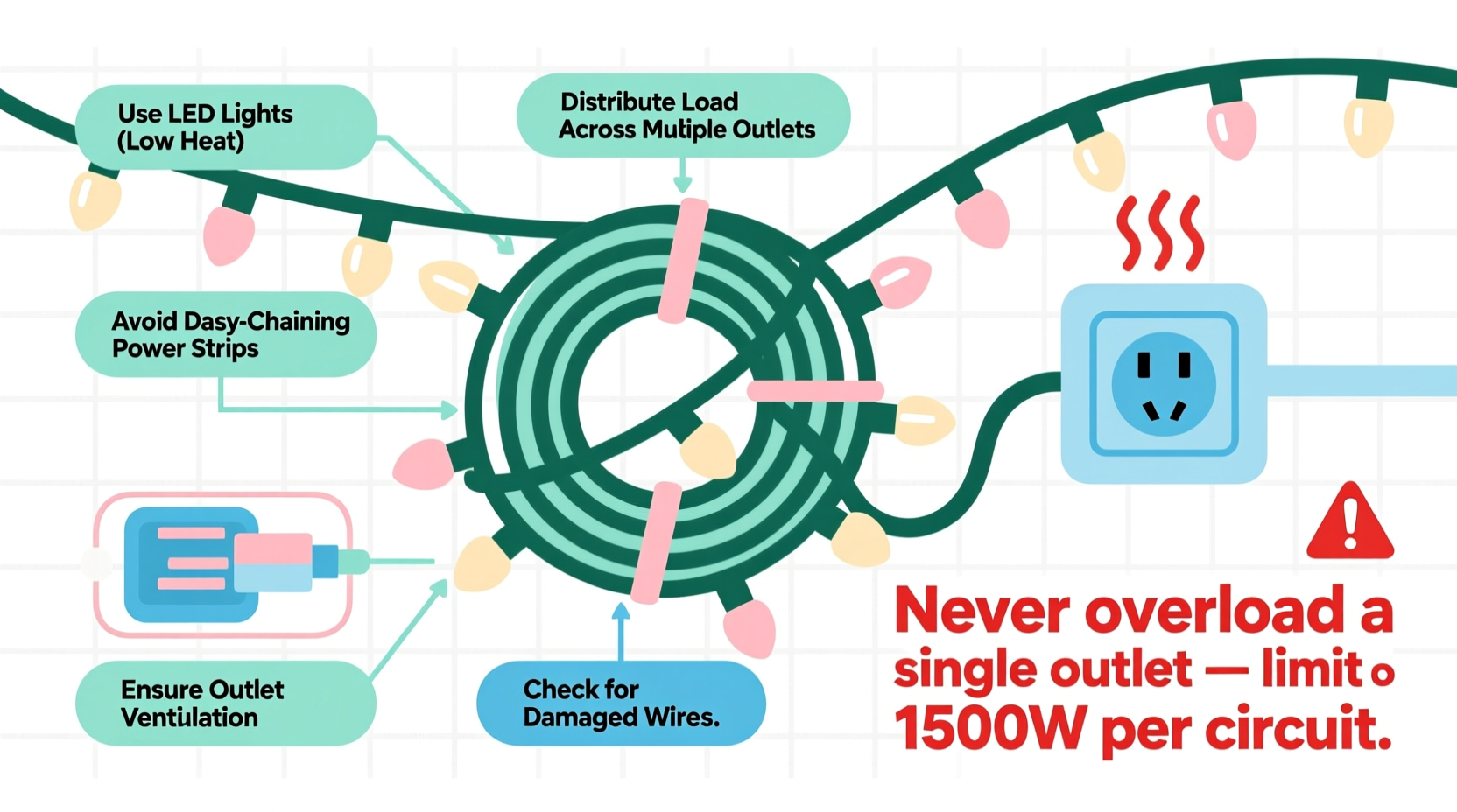 how to layer multiple strands of christmas lights without overheating outlets