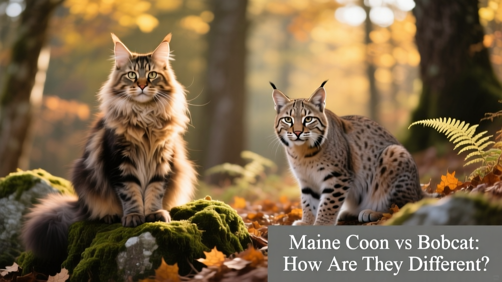 Side-by-side comparison showing a Maine Coon cat sitting calmly beside a bobcat in its natural woodland habitat