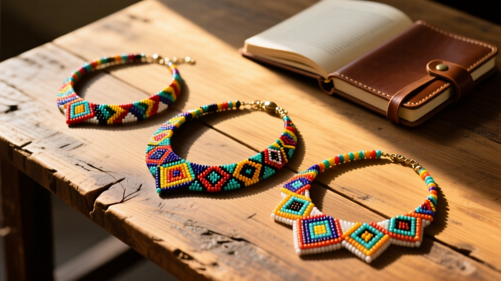 Flat lay of three colorful seed bead necklaces on a rustic wooden desk with a small notebook, bathed in warm natural sunlight.