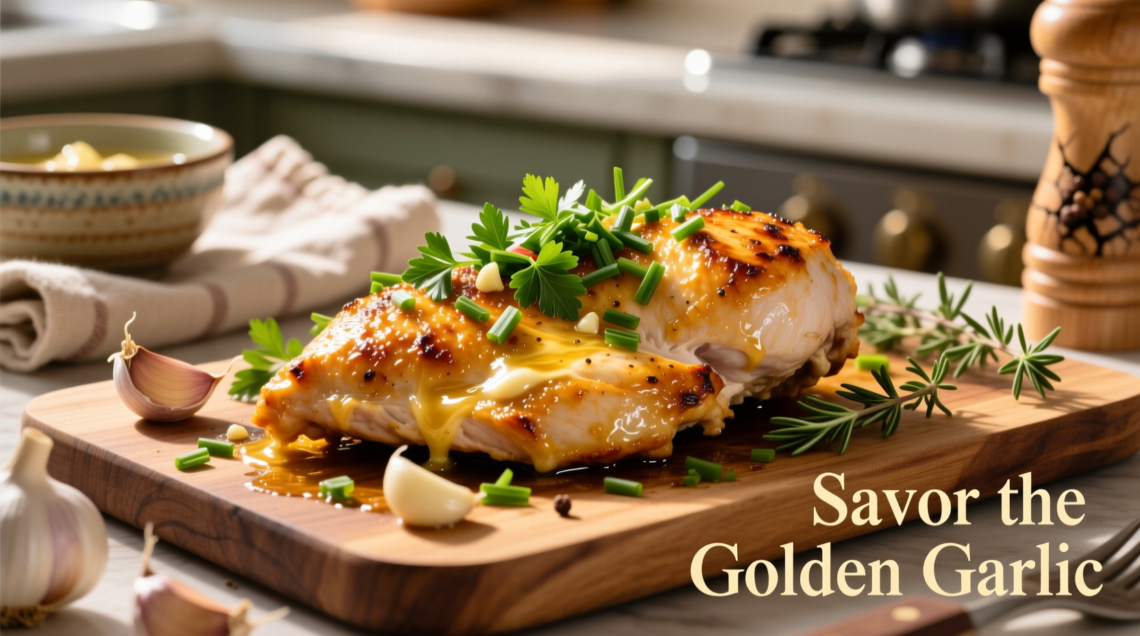 Golden garlic chicken breast with fresh herbs