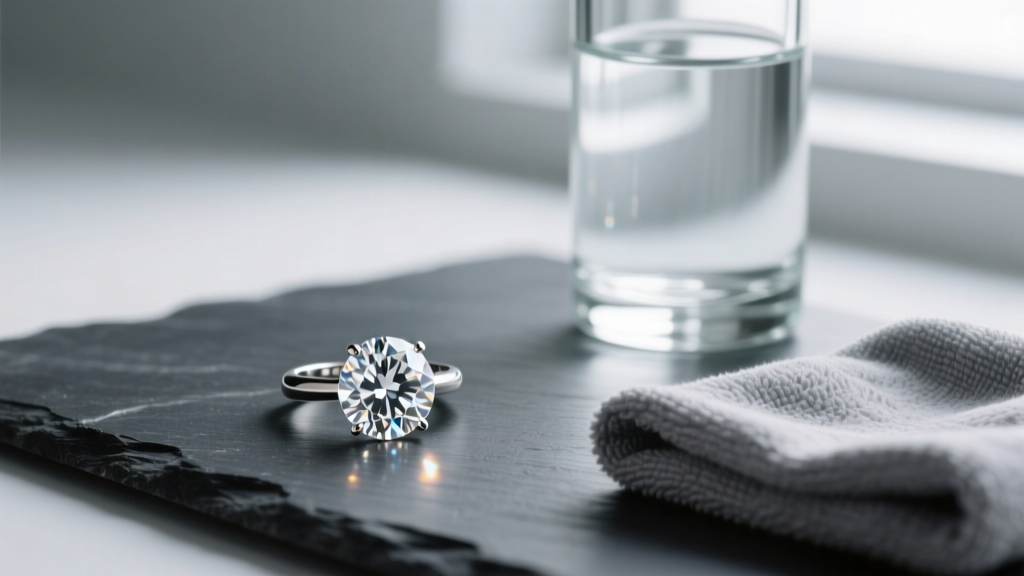 Round brilliant diamond ring on dark slate next to a glass bottle of distilled water and a folded gray microfiber cloth