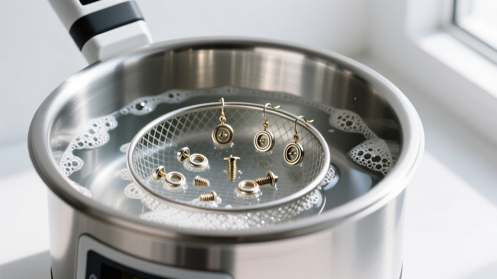 Ultrasonic cleaner with soapy water, holding a mesh basket containing disassembled Rowan earring screw-backs inside a steel tank.